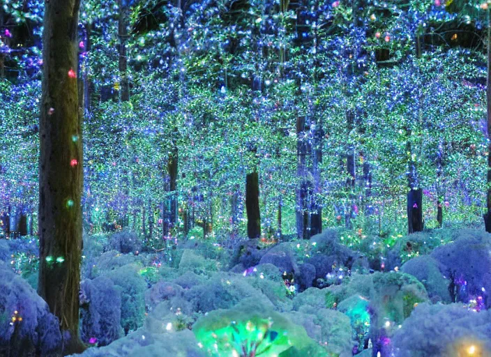 Image similar to a magical forest with crystal flowers that glow in the dusk,