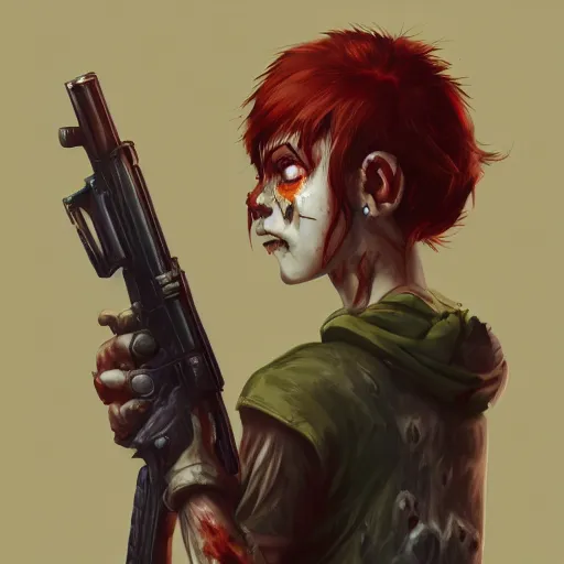 Image similar to a concept art of a boy and a girl with red hair holding a gun, zombie apocalypse, highly detailed, digital painting, artstation, concept art, smooth, sharp focus, illustration