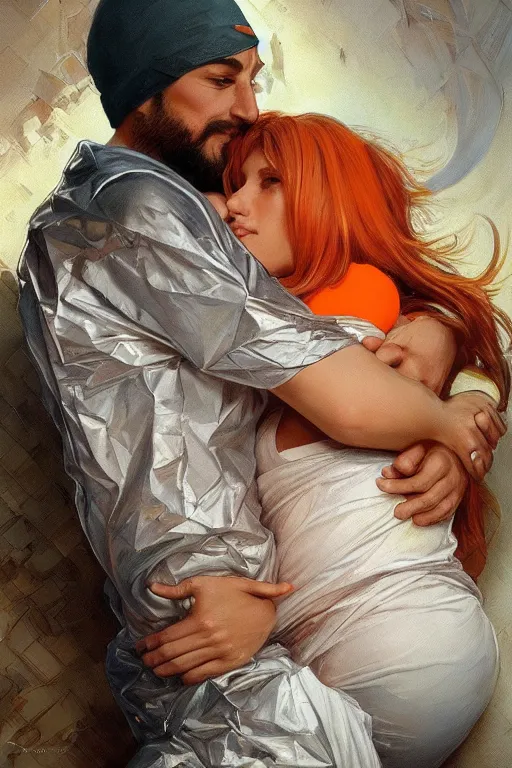 Image similar to portrait of a man in tin - foil hat and orange t - shirt hugging his wife in a bed, feelings, romantic, fantasy, intricate, elegant, highly detailed, digital painting, artstation, concept art, smooth, sharp focus, illustration, art by artgerm and greg rutkowski and alphonse mucha