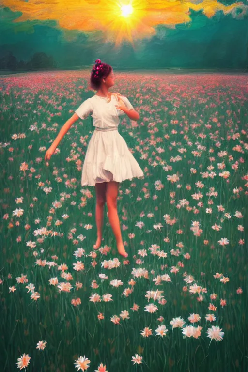 Prompt: floating white daisy flower as head, girl dancing in a flower field, surreal photography, sunrise, dramatic light, impressionist painting, colorful clouds, digital painting, artstation, simon stalenhag