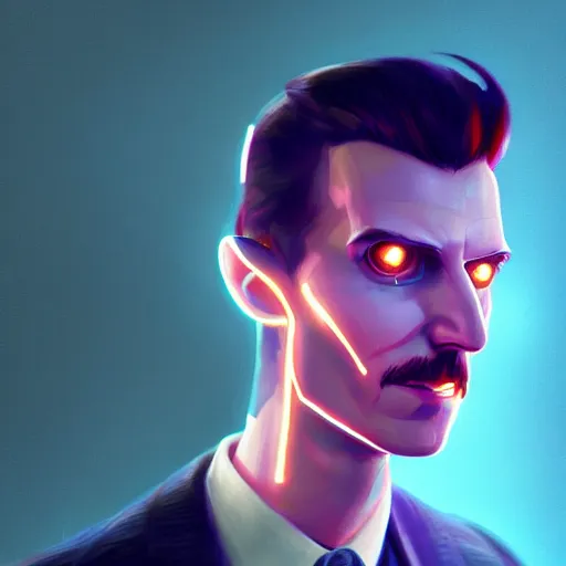 Prompt: portrait of a cyborg nikola tesla, metallic skin, led lights, high technology inplants, mattepainting concept blizzard pixar maya engine on stylized background splash comics global illumination lighting artstation lois van baarle, ilya kuvshinov, rossdraws