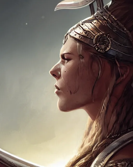 Image similar to A beautiful viking female warrior posing on a boat, bikini, perfect face, beautiful face, highly detailed face, close-up, fantasy woman, fantasy art, in the style of greg rutkowski, illustration, epic, fantasy, intricate, hyper detailed, artstation, concept art, smooth, sharp focus, ray tracing, profile shot