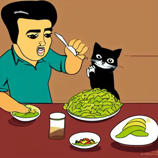 Prompt: elvis and a cat eating guacamole and fries, cartoon, high quality, detailed