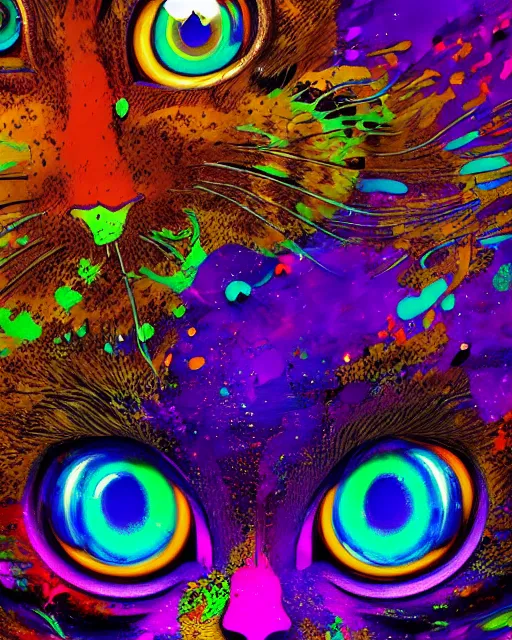 Image similar to psychedelic paint splatter portrait of funny giant cute eyes kitten, intricate abstract. intricate artwork, by tooth wu, wlop, beeple, dan mumford. concept art, octane render, trending on artstation, greg rutkowski very coherent symmetrical artwork. cinematic, key art, hyper realism, high detail, octane render, 8 k, iridescent accents