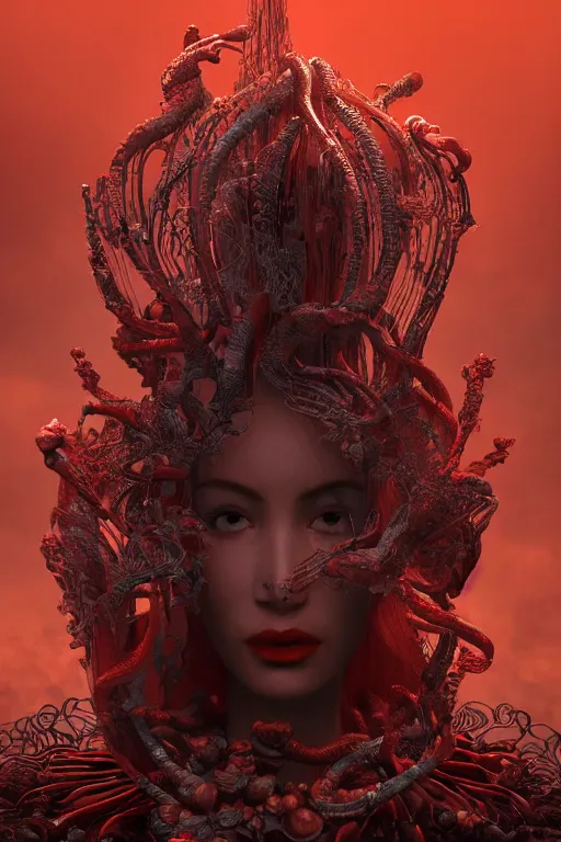 Prompt: extremely detailed movie shot closeup portrait of a beautiful empress girl, red fabric coat, black smoke and vapor in the background, by denis villenueve, yves tanguy, ernst haeckel, roger dean, amano, dynamic composition, rich moody colour, 8 k, uhd, zbrush, unreal engine, face symmetry, nice looking face
