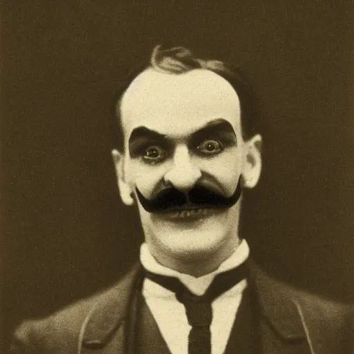 Image similar to headshot edwardian photograph of waluigi, 1 9 2 0 s, sinister, evil, realistic face, 1 9 1 0 s, grainy, victorian, soft blur