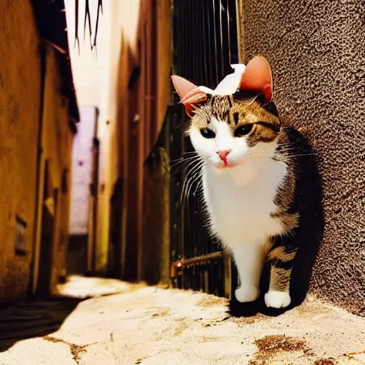 Prompt: “Photo of a cat wearing a pharaoh\'s headdress in an alley, synthwave, 8K, hyper realistic, award winning photo”