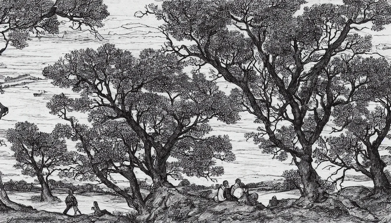 Image similar to a couple sits on a hill overlooking a river, wind blown trees, pen and ink, 1 5 0 0 s, 8 k resolution