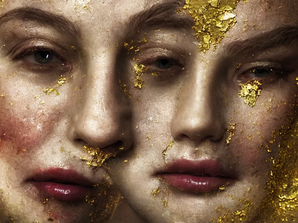 Image similar to a beautiful hyperrealistic rendering portrait of a human being with kintsugi reparied pottery cracks of gold on their face, rendering, cryengine, deep colors, deep lush vivid colors, vray render, cgsociety