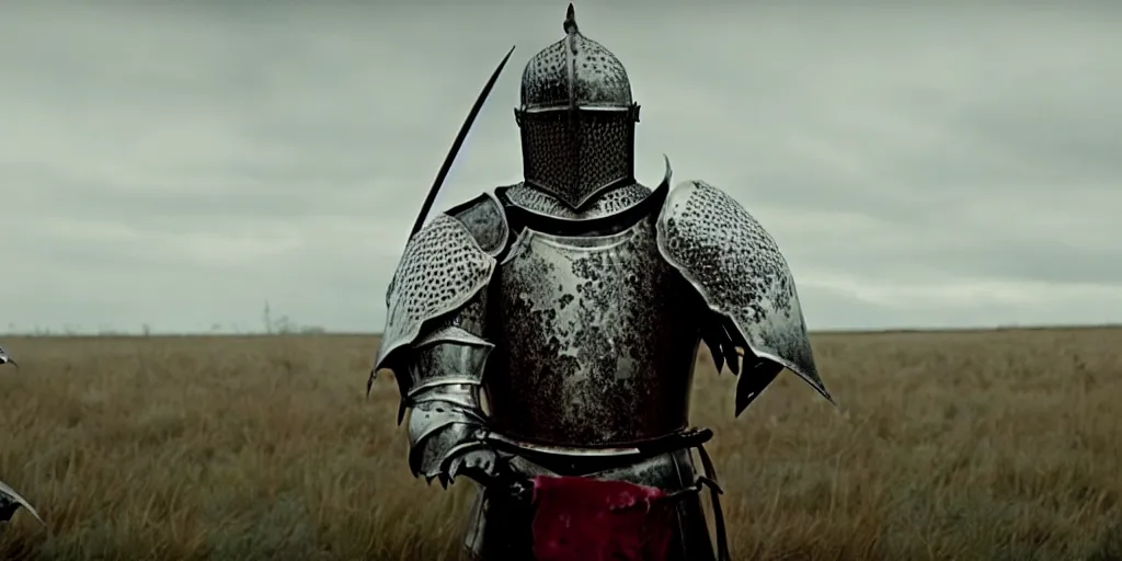 Image similar to film still of closeup the knight in shattered armor holds a bleeding heart by emmanuel lubezki