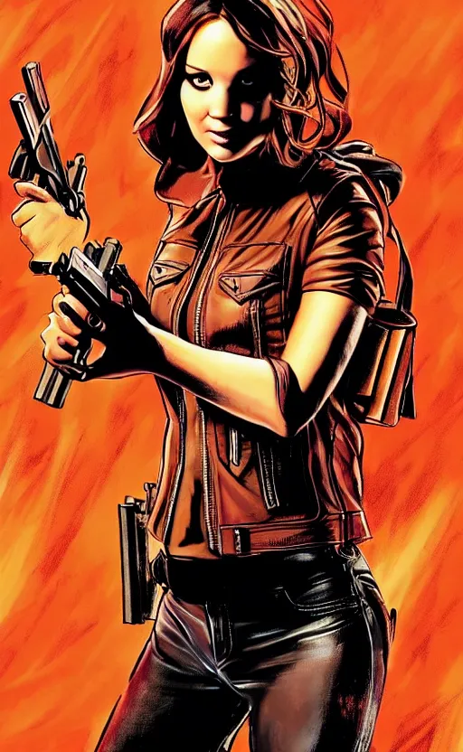 Image similar to Rafael Albuquerque comic cover art, Jennifer Lawrence with guns, smile, direct gaze, brown leather jacket, jeans, full body, building on fire, cool colors, detailed, 4k