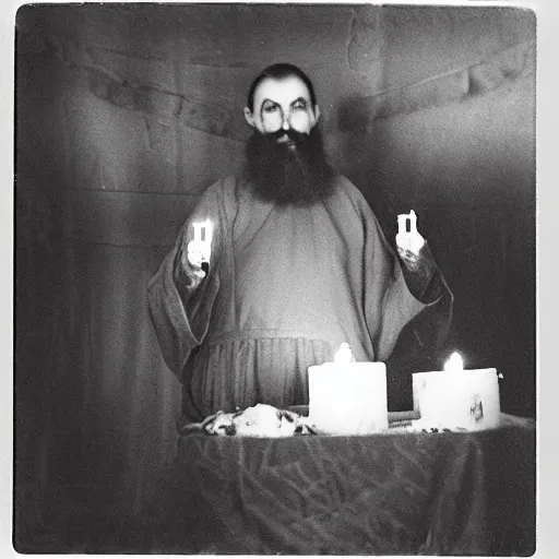 Image similar to trail _ camera _ photo _ of _ a _ breaton monks looking like rasputin with lit candles and a goat performing sacred liturgy!!! _ realistic _ spooky _ grimdark _ night _ black _ and _ white, polaroid