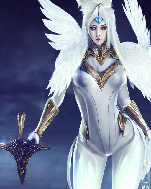 Image similar to perfect white haired egyptian goddess with huge white dove wings, warframe armor, attractive, beautiful, symmetric, dreamy, half asian, pretty face, blue eyes, detailed, scifi platform, laboratory, experiment, 4 k, hyper realistic, epic lighting, android body, illuminated, cinematic, masterpiece, art by akihito tsukushi, voidstar