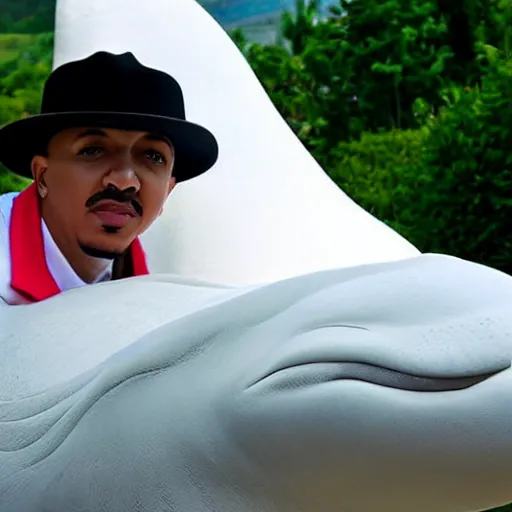 Image similar to lou bega riding a beluga, photograph