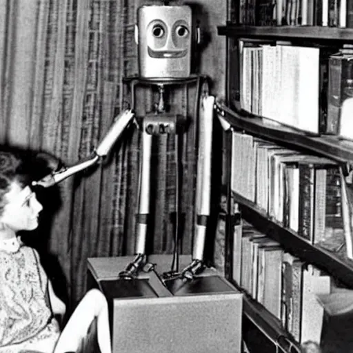 Image similar to vintage robot gives book reading in 1 9 5 0 s beat cafe