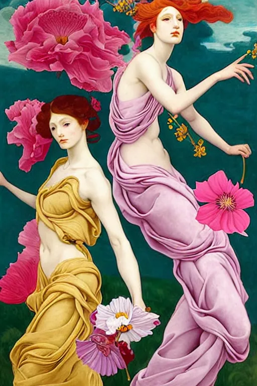 Image similar to 3 Spring Muses symbolically representing March, April, and May, in a style blending Æon Flux, Peter Chung, Shepard Fairey, Botticelli, Ivan Bolivian, and John Singer Sargent, inspired by pre-raphaelite paintings, shoujo manga, and cool Japanese street fashion, dramatically blossoming flora and fauna, petals falling everywhere, pastel vivid triad colors, hyper detailed, super fine inking lines, ethereal and otherworldly, 4K extremely photorealistic, Arnold render