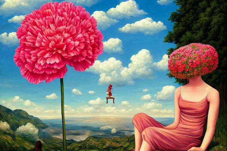 Prompt: giant carnation flower head, woman sitting, surreal, clouds in sky, impressionist painting, digital painting, artstation, rob gonsalves