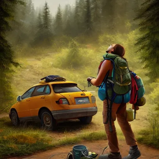 Prompt: hiker unloading the car before camping, by etienne hebinger, cgsociety, cynical realism, fantasy art, 2 d game art