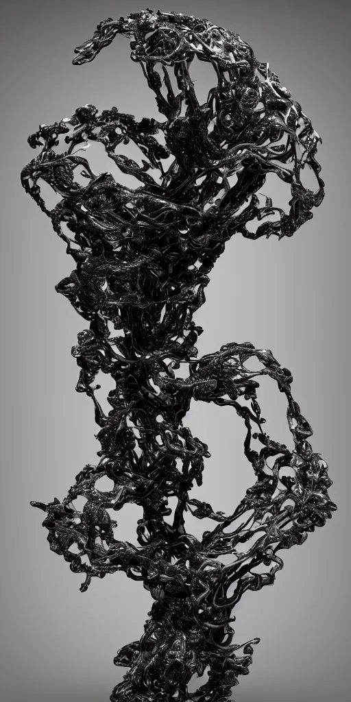 Image similar to a photorealistic render of an abstract organic sculpture made of melted metal and bioluminescent beings on a black background, c 4 d, by zhelong xu ouchh studio and ernst haeckel, wide angle, hyper realistic, plain black background, 8 k, volumetric lightning, octane render