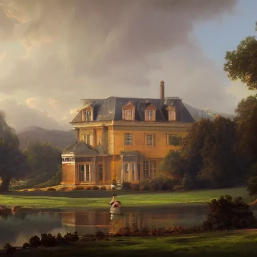 Image similar to a large serene beautiful matte painting of a quaint english country mansion, by asher brown durand and greg rutkowski, featured on artstation, blue and orange color scheme