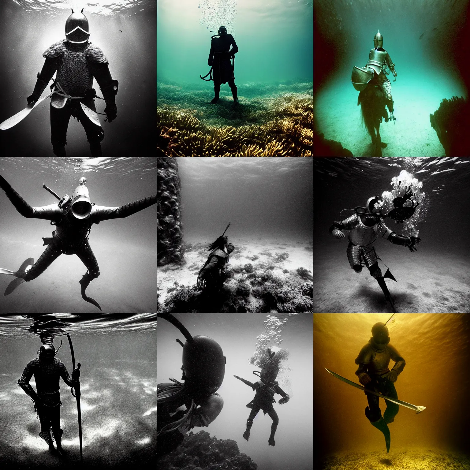 Prompt: Underwater photo of a medieval knight by Trent Parke, clean, detailed, Magnum photos