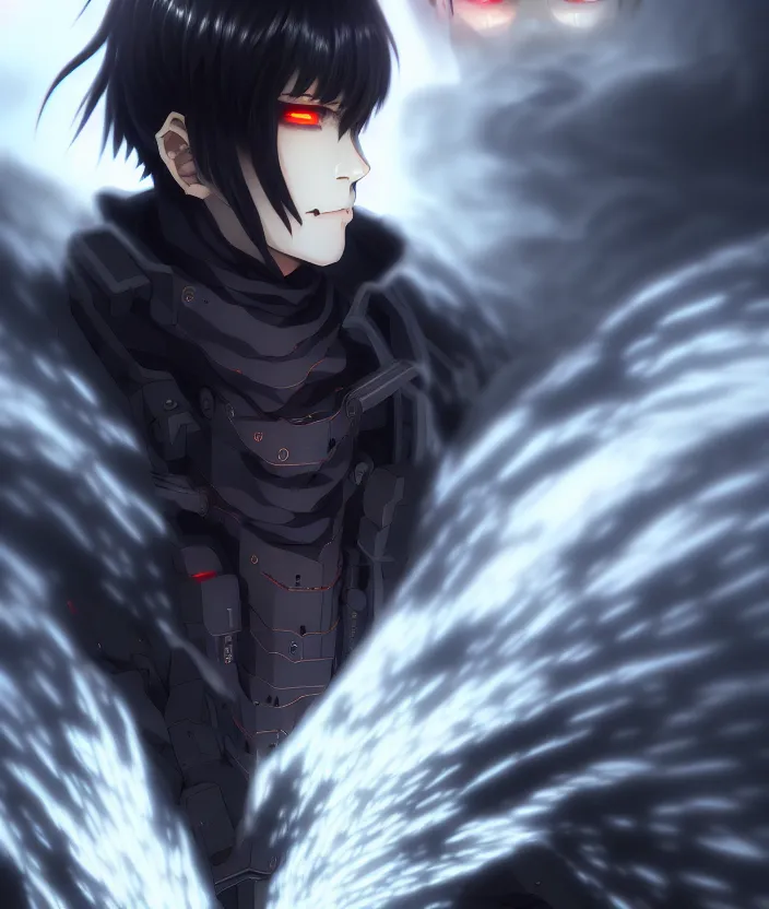 Image similar to a detailed manga illustration character full body portrait of a dark haired cyborg anime man shrouded in clouds of dark smoke and fire, trending on artstation, digital art, 4 k resolution, detailed, high quality, sharp focus, hq artwork, insane detail, concept art, character concept, character illustration, full body illustration, cinematic, dramatic lighting