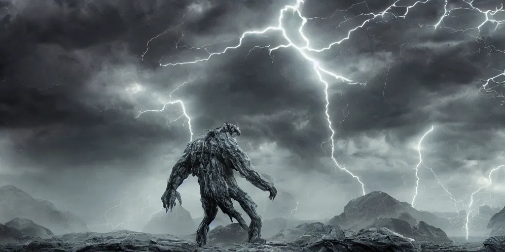 Image similar to monster made of energy in a landscape made of crystal, lightning storm, cinematic, detailed, epic, widescreen, opening, establishing, mattepainting, photorealistic, 4 k, octane render