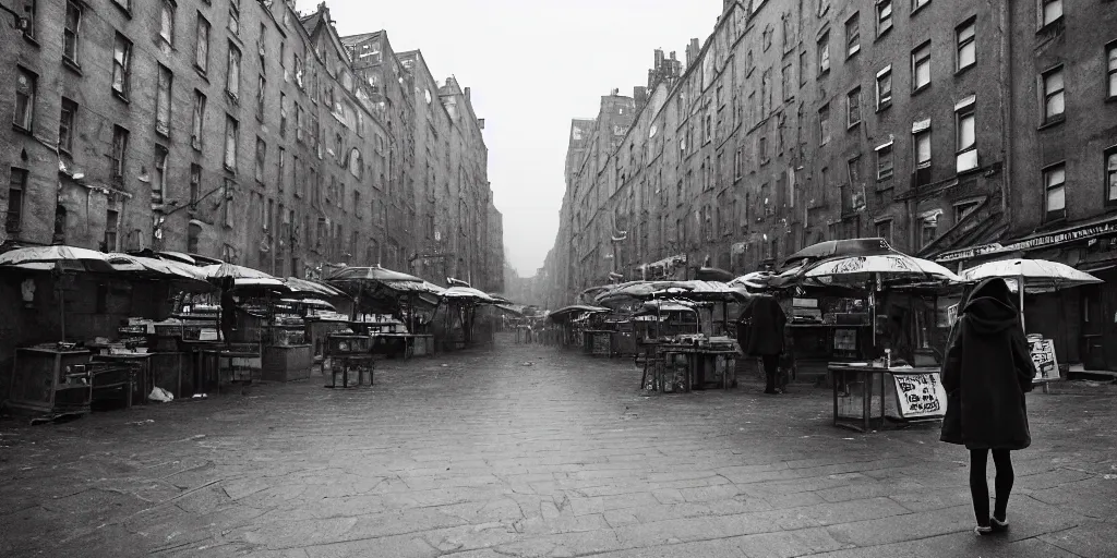 Image similar to medium shot of lonely market stall with umbrellas and sadie sink in hoodie. in ruined square, pedestrians on both sides. steampunk tenements in background : 3 5 mm film, anamorphic, from schindler's list by steven spielberg. cyberpunk, cinematic atmosphere, detailed and intricate, perfect anatomy