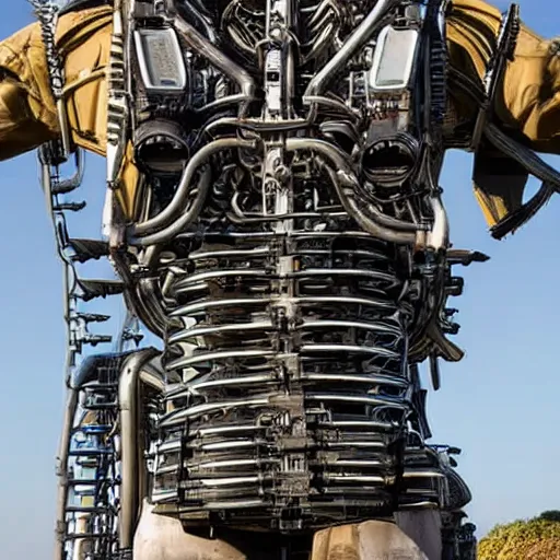 Image similar to a man with engines growing out of his back, man engine, man and machine