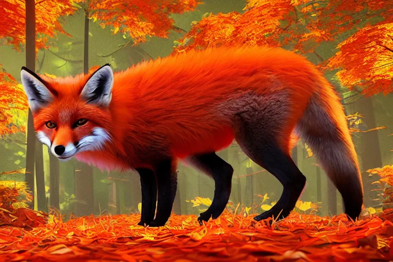 Image similar to super detailed color lowpoly art, red fox in an autumn maple forest, unreal engine, retrowave color palette, 3 d render, lowpoly, colorful, digital art, perspective