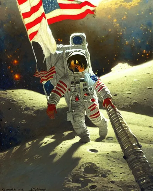 Prompt: handsome astronaut plants a flag on the moon, painting by gaston bussiere, craig mullins, j. c. leyendecker