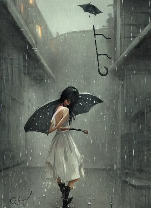 Prompt: dokkaebi in a sundress in the rain with an umbrella by greg rutkowski