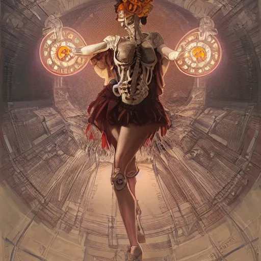 Image similar to a skeleton with big googly eyes, wearing designer clothes, dancing at a techno rave, historical, intricate, highly detailed, dynamic lighting, digital art, digital painting, artstation, wlop, sharp focus, illustration, art by artgerm and greg rutkowski and alphonse mucha