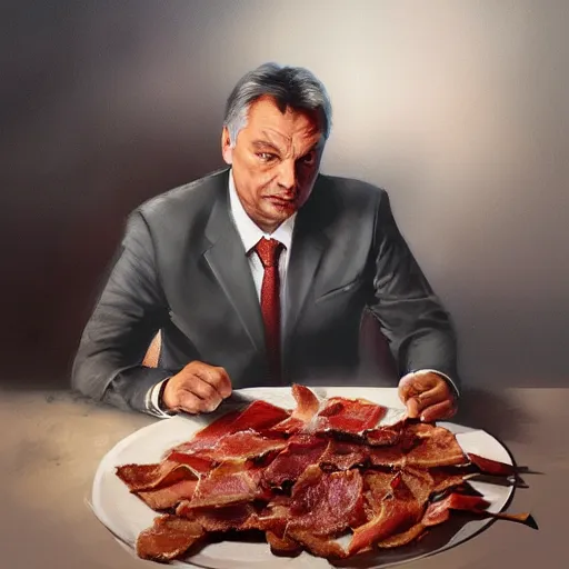 Image similar to viktor orban with detailed eyes, sitting on a large pile of bacon by greg rutkowski
