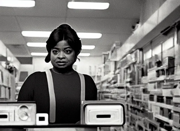 Image similar to cinematic shot of octavia spencer in an small used electronics store, iconic scene from the paranoid thriller sci fi film directed by stanley kubrick, anamorphic cinematography, beautiful composition, color theory, leading lines, photorealistic, volumetric lighting, f / 2 2