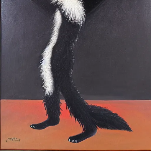 Image similar to portrait of a male anthro black fox furry fursona wearing a salsa dance suit, 1 9 7 0 s oil on canvas painting, by famous artist jylon denja