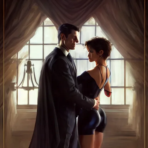 Image similar to daniel gerhartz and artgerm and wlop detailed portrait digital painting of a bruce wayne and selina kyle at a party in a mansion, mansion interior in the background, unreal engine, hyper realism, realistic shading, cinematic composition, blender render, octane render, hdr, detailed textures, photorealistic, 3 5 mm film