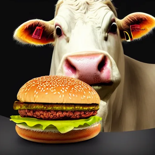 Image similar to a cow very happy about eating a cheese burger, highly detailed, photorealistic portrait, bright studio setting, studio lighting, crisp quality and light reflections