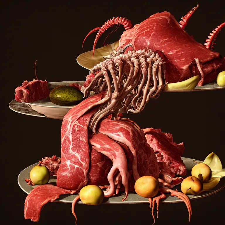 Image similar to still life of rotten meat, xenomorph, beautiful tropical flowers, human spine, tropical fruit baroque painting, beautiful detailed intricate insanely detailed octane render, 8K artistic photography, photorealistic, chiaroscuro, Raphael, Caravaggio