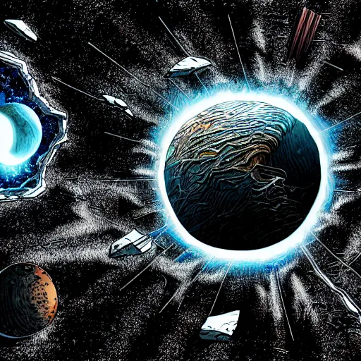 Image similar to shattered earth, black background, science fiction art