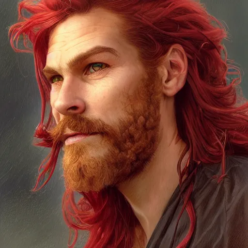 Image similar to portrait of a young ruggedly handsome but joyful pirate, male, masculine, soft hair, upper body, red crimson crimson hair, long long flowing hair, fantasy, wide smirk, intricate, elegant, highly detailed, digital painting, artstation, concept art, matte, sharp focus, illustration, art by artgerm and greg rutkowski and alphonse mucha