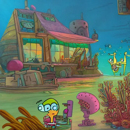 Image similar to bikini bottom drawn by stephen hillenburg, dynamic lighting, fantasy concept art, trending on art station, stunning visuals, creative, cinematic, ultra detailed