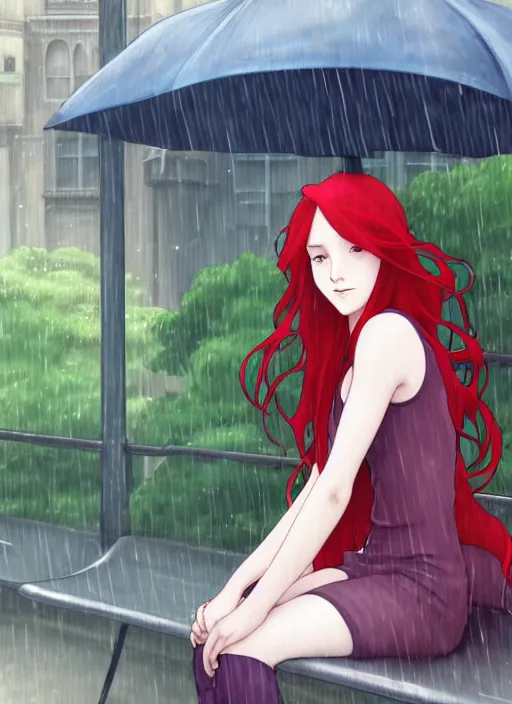 Image similar to pretty young woman with long red hair sitting at a bus stop in the rain, path traced, highly detailed, high quality, digital painting, by studio ghibli and alphonse mucha, leesha hannigan, makoto shinkai, disney