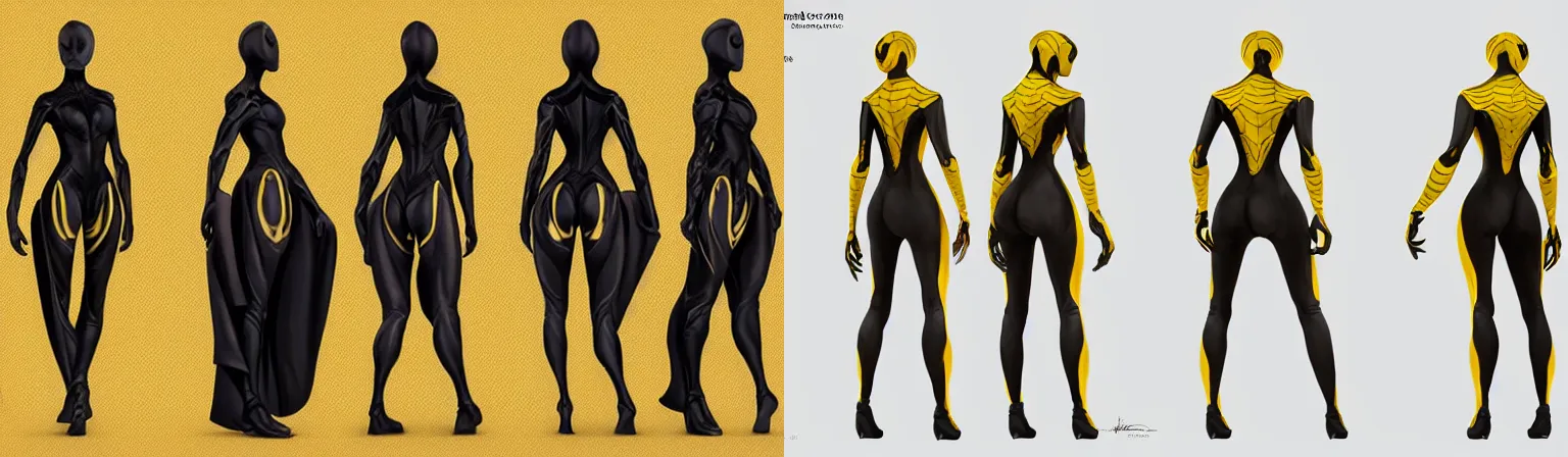Prompt: full body character turnaround of a woman in an orb weaver outfit, character sheet, matte painting, spiderwoman!!, john singer sargent, good value control, highly detailed portrait, ultra realistic, character turnaround, digital painting, concept art, sharp focus, smooth, 3 d model, illustration, yellow and black color scheme, realistically proportioned body, 8 k
