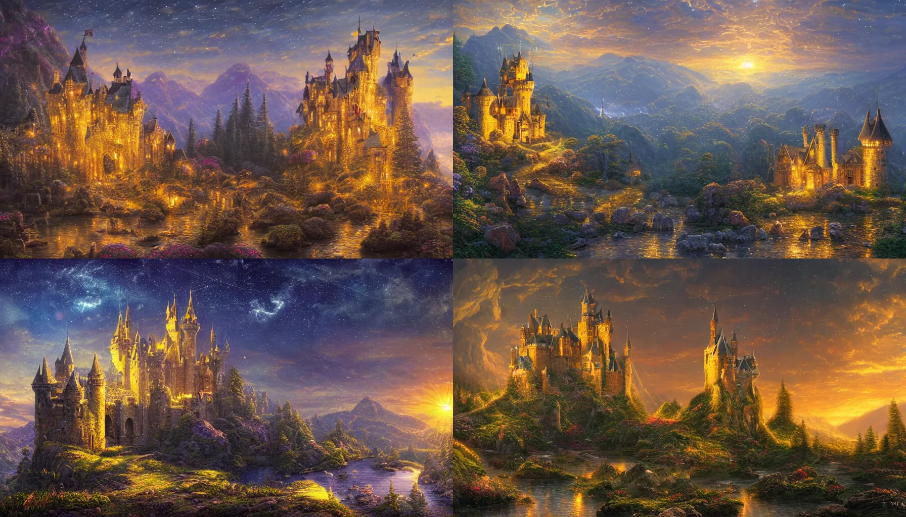 Prompt: marvellous castle made of crystal and glass in a dark mountain during golden hour, detailed, intricate, glorious lighting, dark sky, stars, masterwork composition, cgsociety, thomas kinkade, strong presence