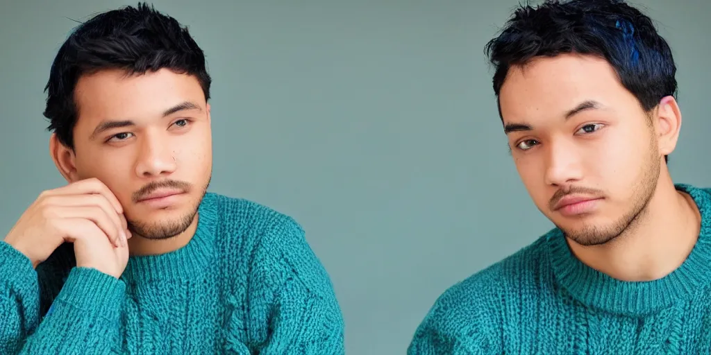 Image similar to Male, Male, Male, Male, Male, short hair, blue hair, dark skin, teal sweater, wavy hair, photograph, hd,