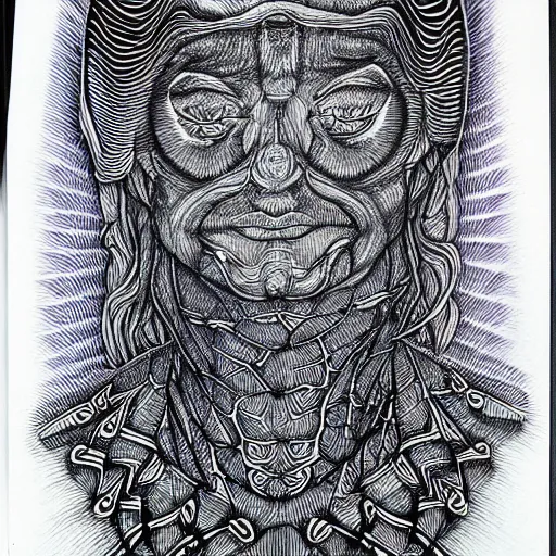 Prompt: an alex grey drawing, micron pen, black ink, a portal to another dimension, portrait