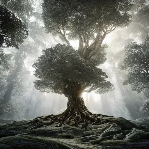 Prompt: full body pose, hyperrealistic photograph of the world tree, dim volumetric lighting, 8 k, octane beautifully detailed render, extremely hyper detailed, intricate, epic composition, cinematic lighting, masterpiece, trending on artstation, very very detailed, stunning, hdr, smooth, sharp focus, high resolution, award, winning photo, dslr, 5 0 mm