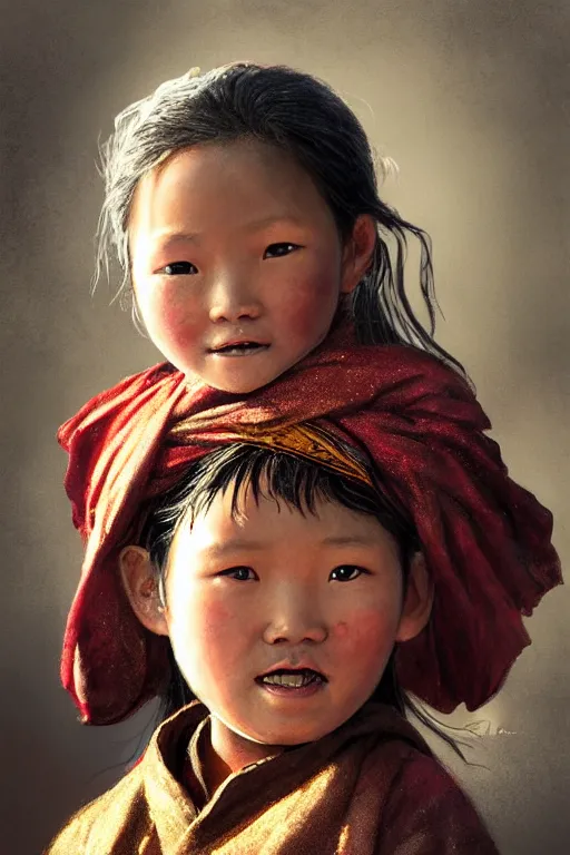 Image similar to Tibetan little girl, joyful, close-up portrait, intricate, elegant, volumetric lighting, scenery, digital painting, highly detailed, artstation, sharp focus, illustration, concept art, ruan jia, steve mccurry