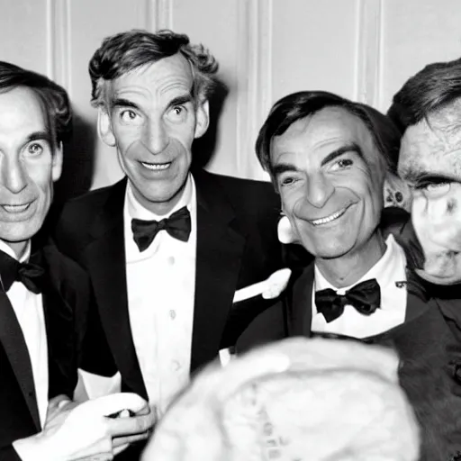 Image similar to bill nye in a nightclub with richard feynman and mr. bean